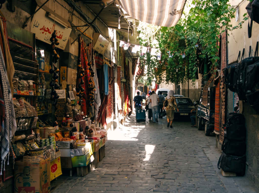 Shoppers walking a narrow covered market lane in the Old City of Damascus, carpets and goods hanging on both sides